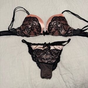Victoria's Secret Pink Satin Push-Up Bra with Black Lace Panty in a set.